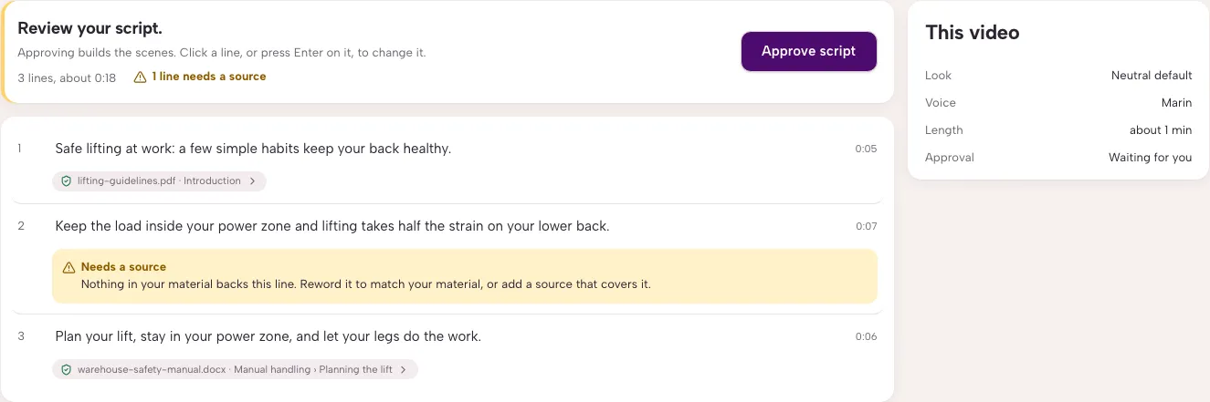EAiDEO script review: three safe-lifting script lines, two source references and a Needs a source warning