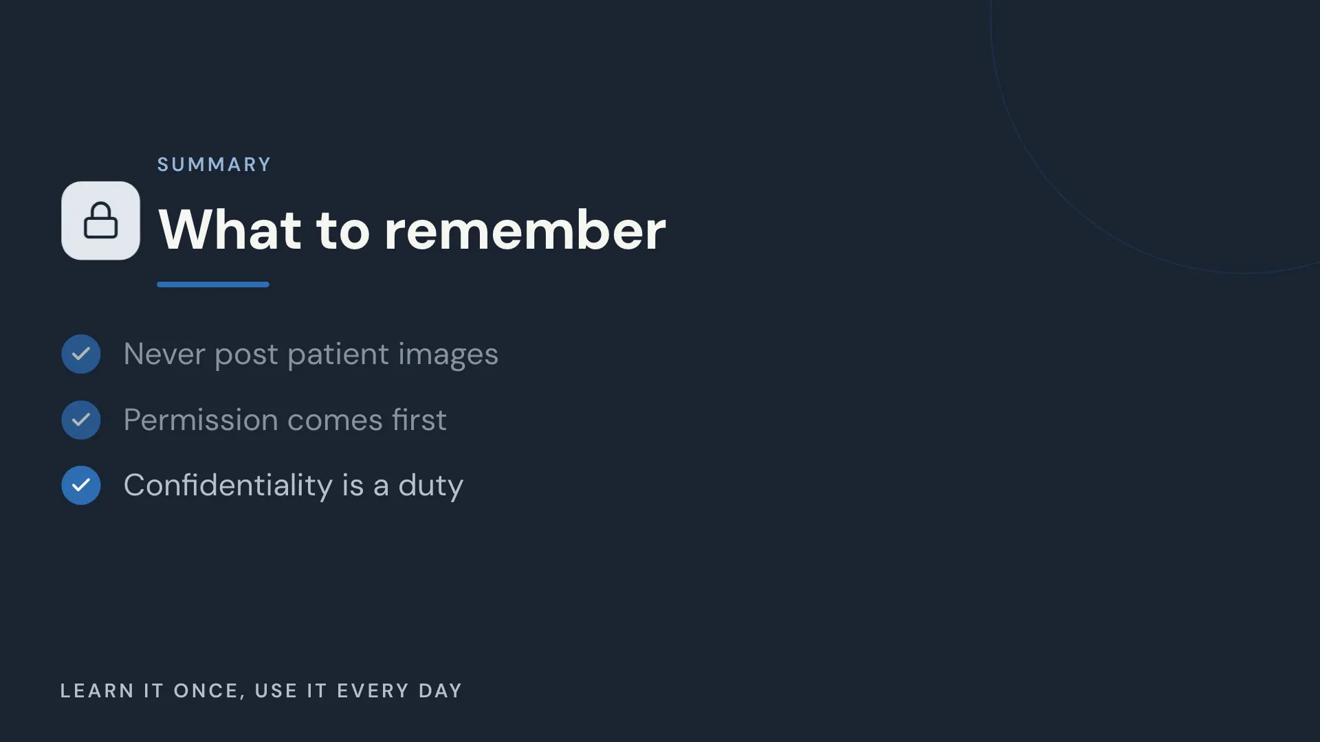Rendered nursing lesson summary with three checked takeaways.